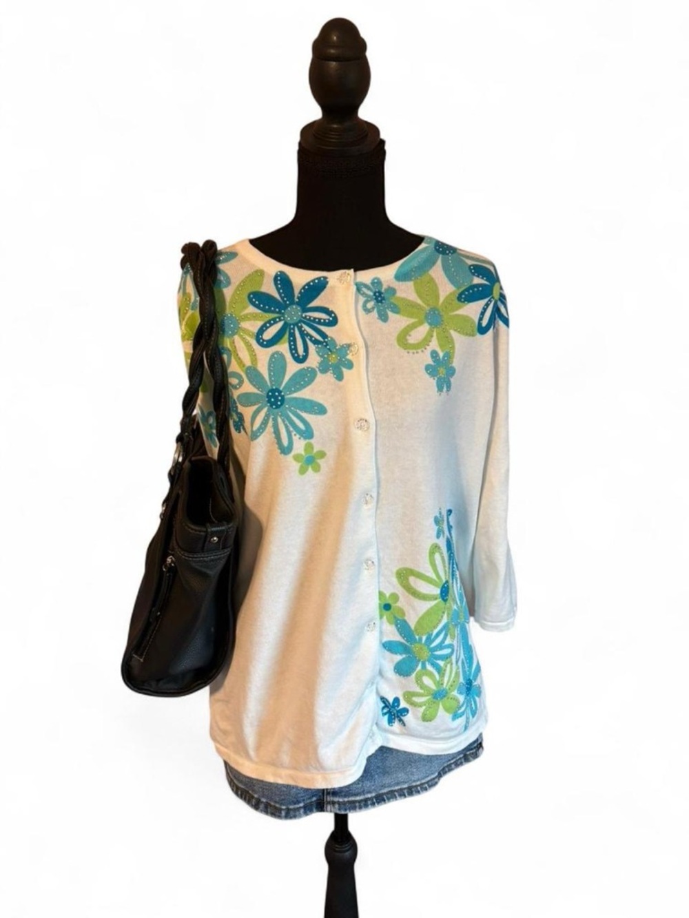 Quacker Factory White Floral Cardigan with Blue & Green Flowers, Size L